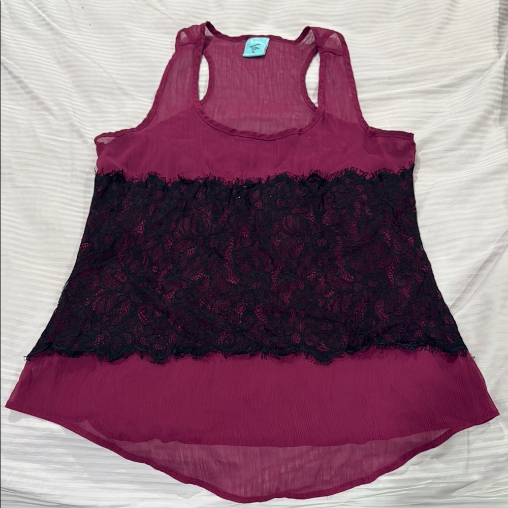 Women's Burgundy and Black Lace Top